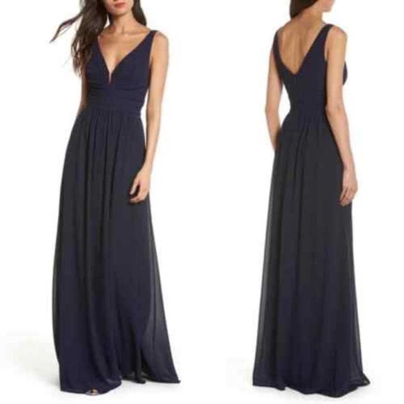 Lulus Ruched A-Line Chiffon Maxi Dress Pleated Navy Blue Gown Event - Picture 1 of 6